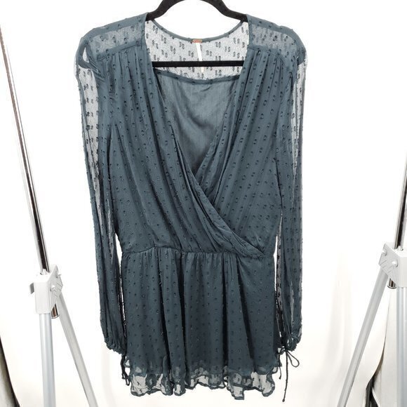 Free People Sheer Textured Long Sleeve Surplice Mini Dress Top S Dark Navy Blue - Picture 2 of 16